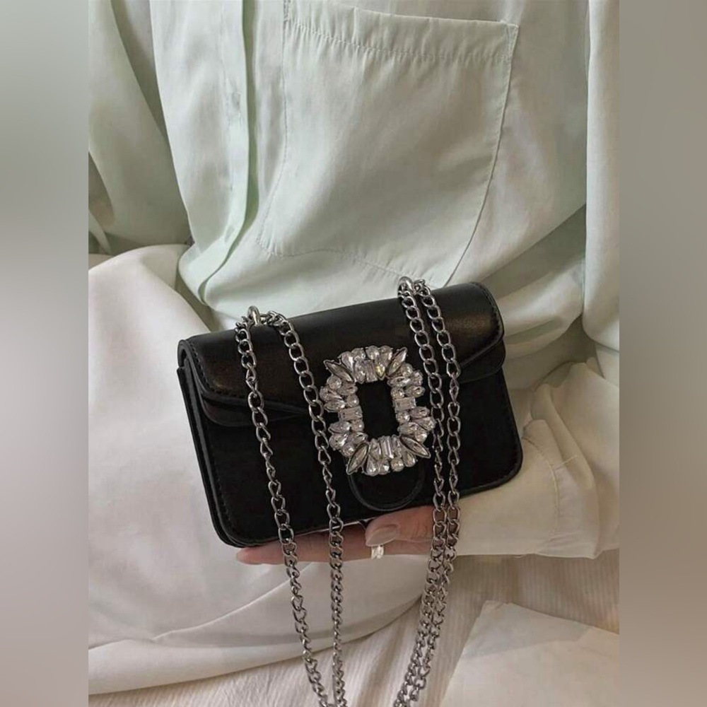 Black leather Rhinestone embellished chain shoulder party Mini Bag night out - Picture 5 of 16
